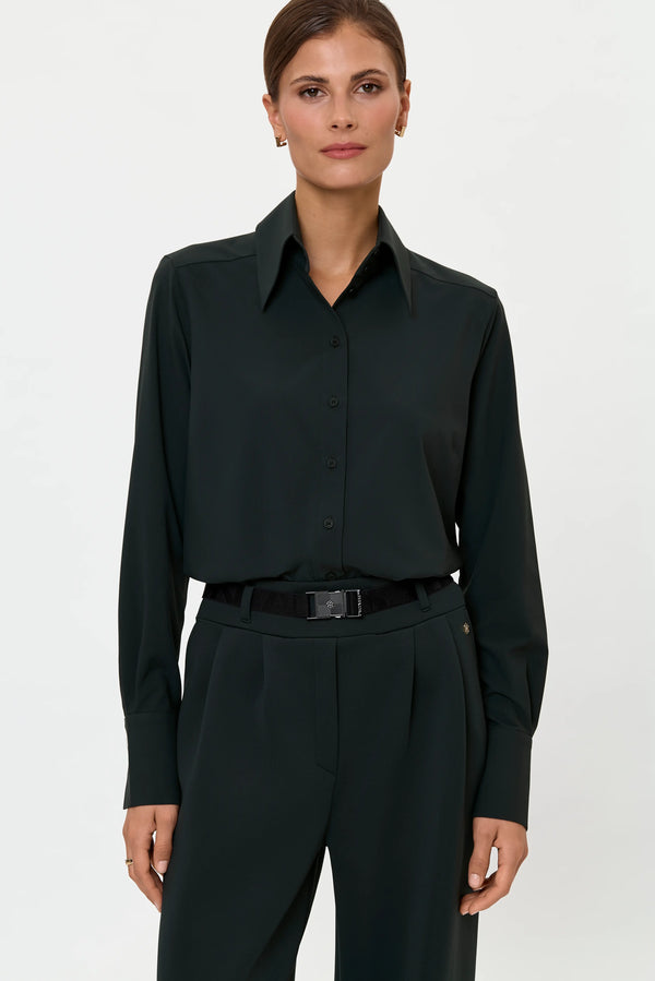 Forest green button-up shirt tucked into matching pants with black belt, cropped front view
