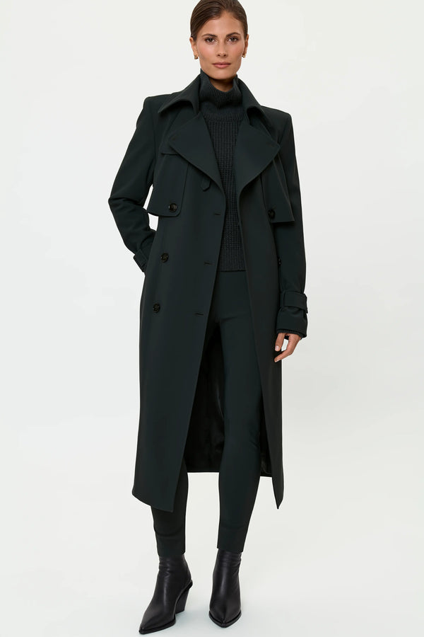 Full-length front view of the DEVON Trench Coat in Forest styled over the CRISCRA Cashmere Turtleneck and Forest ELLA Stretch Pants, showing the buttoned trench silhouette, belted waist, and polished tonal green look.