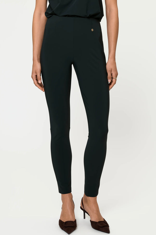 Forest green stretch pants with gold logo detail, front view