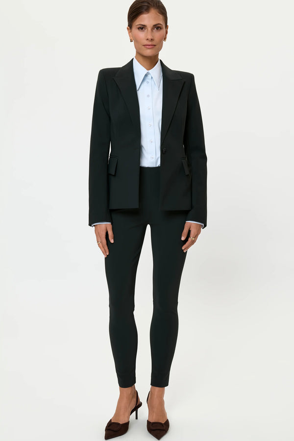 Forest green fitted blazer with light blue shirt and matching pants, front full body view