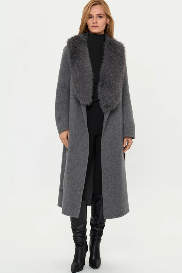 Full-length front view of the MARMEIRA Wool and Cashmere Coat in Crystal Grey styled over the LYNNIC Highneck Top in Black, featuring the open lapel design, longline silhouette, and sleek black underlayer.